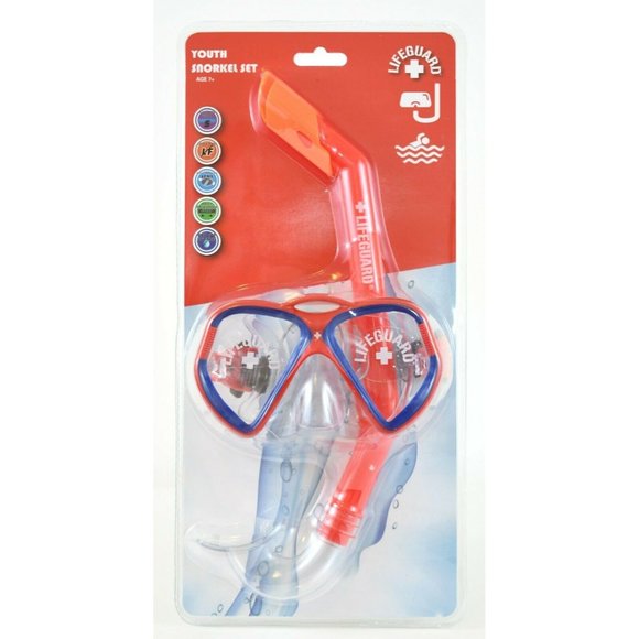 LifeGuard Youth Mask & Snorkel Set Age 7+ Latex Free Shatterproof Red & Blue New